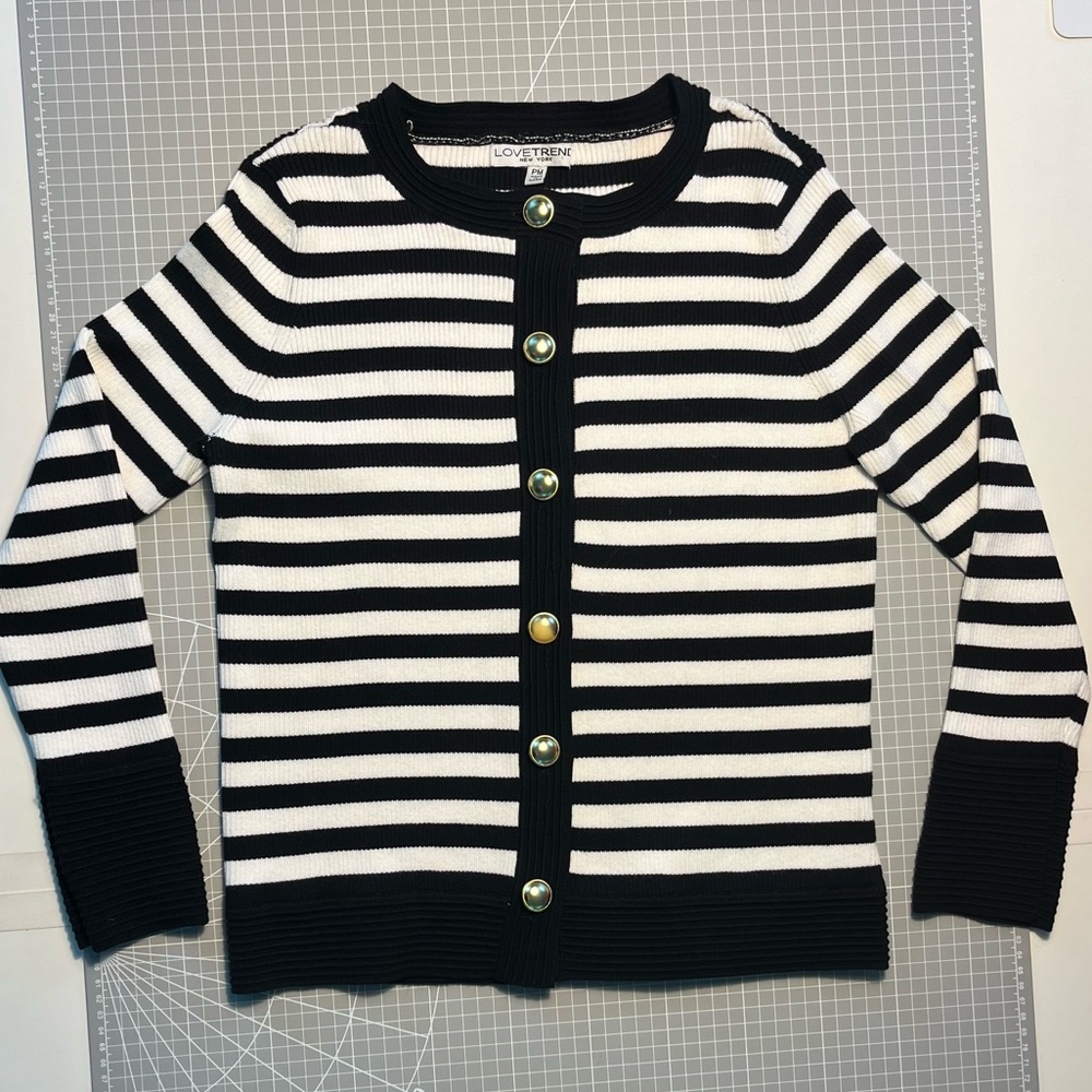 Black and White Striped Cardigan Sweater